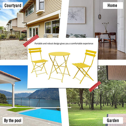 Ensemble bistro pliable en métal 3 pièces, résistant aux intempéries, idéal pour l'intérieur et l'extérieur, avec terrasse, jardin ou cour.