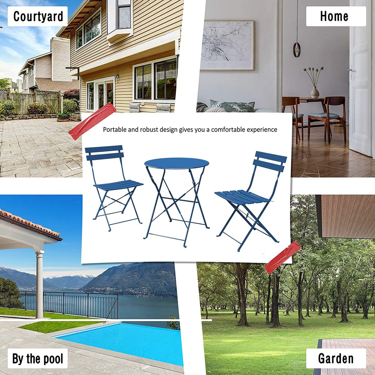 Ensemble bistro pliable en métal 3 pièces, résistant aux intempéries, idéal pour l'intérieur et l'extérieur, avec terrasse, jardin ou cour.