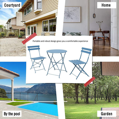 Ensemble bistro pliable en métal 3 pièces, résistant aux intempéries, idéal pour l'intérieur et l'extérieur, avec terrasse, jardin ou cour.