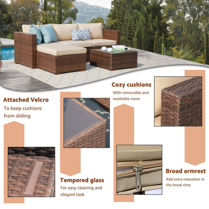 Ensemble de canapé d'angle d'extérieur en résine tressée 5 pièces avec coussins