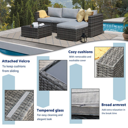 Ensemble de canapé d'angle d'extérieur en résine tressée 5 pièces avec coussins