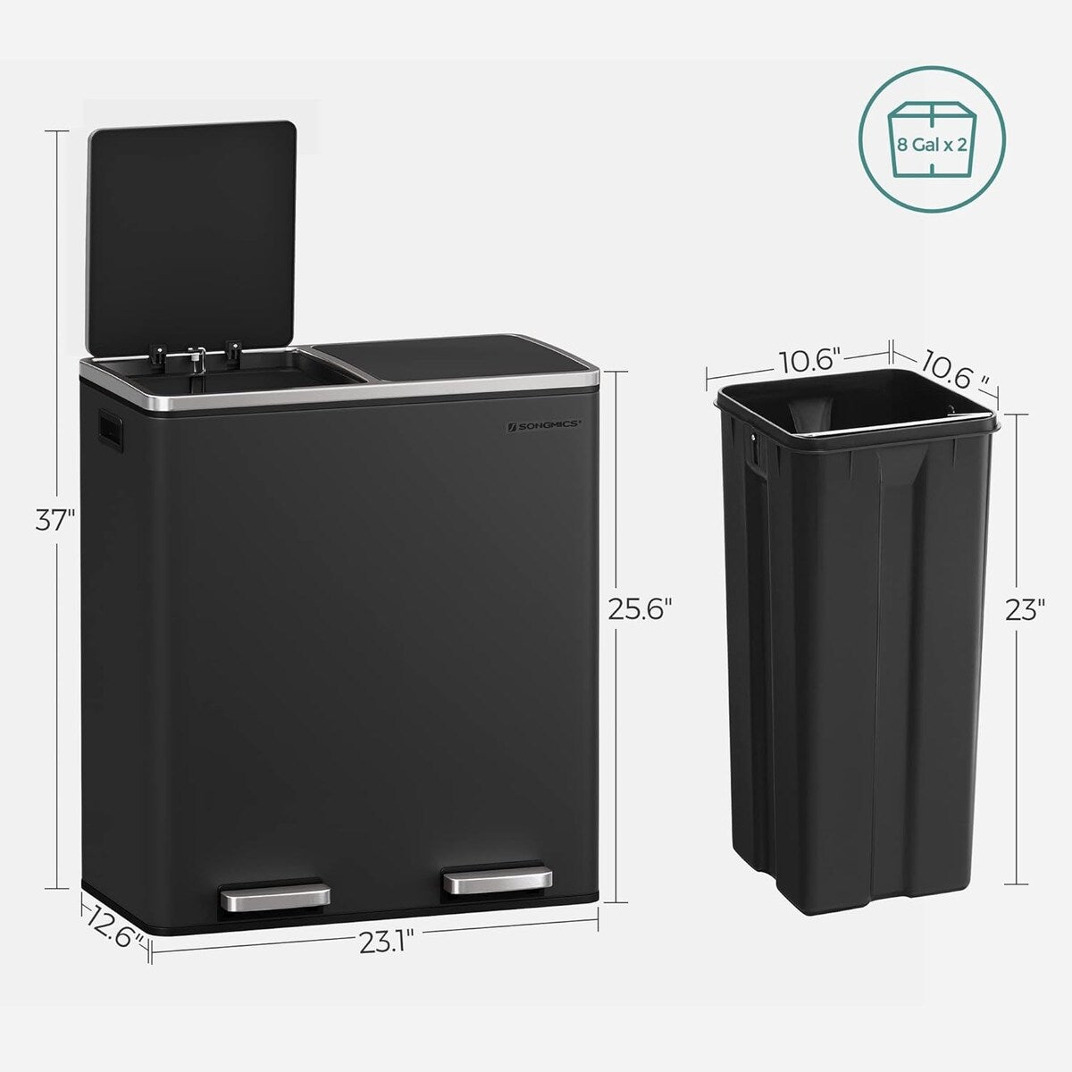 Poubelle double SONGMICS, 60 litres, en acier inoxydable, noire