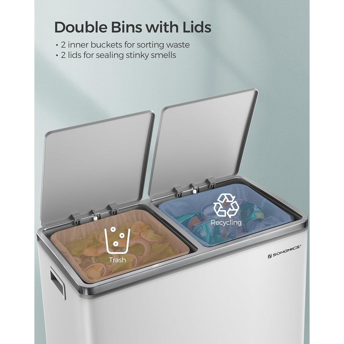 Poubelle double SONGMICS, 2 poubelles de 8 gallons, acier inoxydable