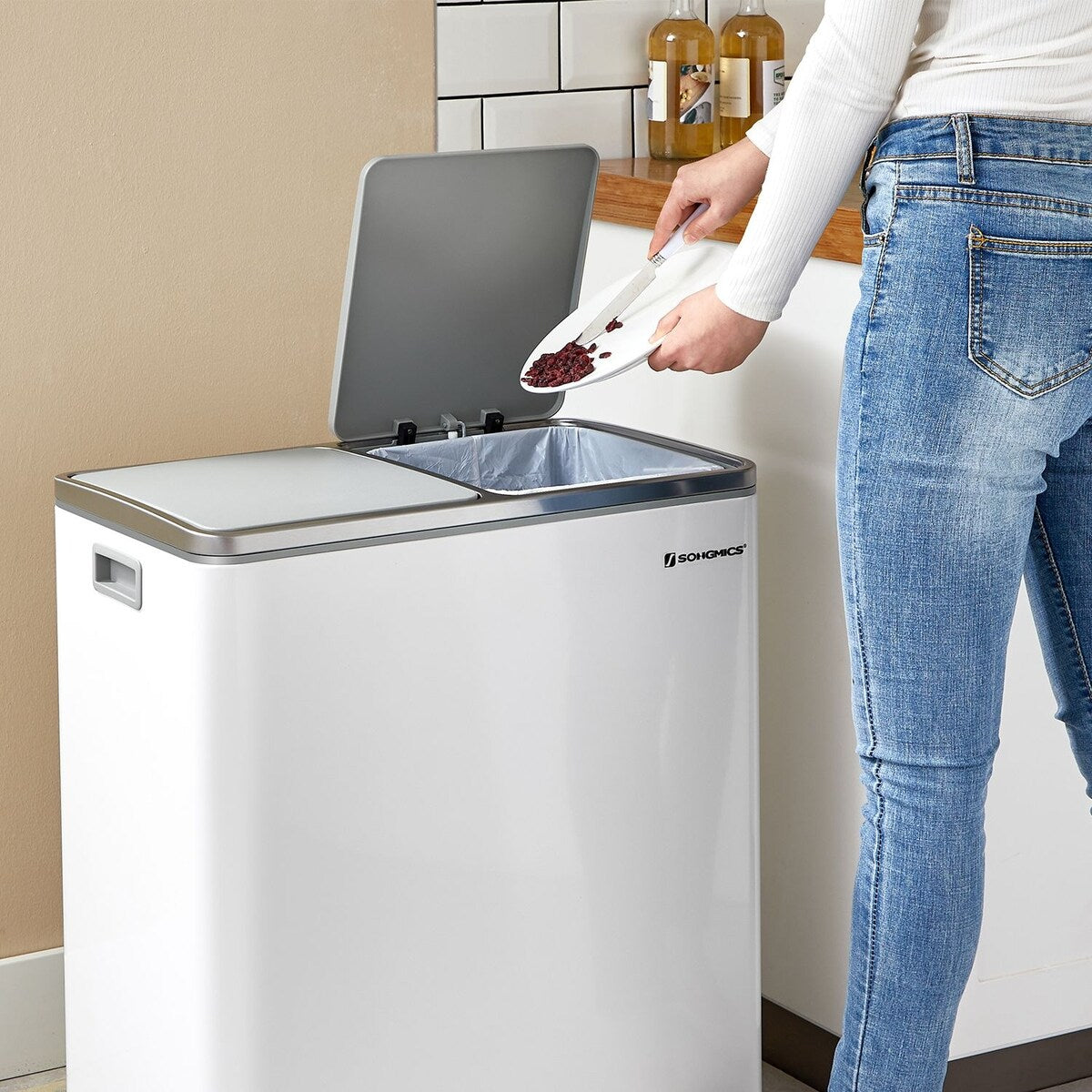 Poubelle double SONGMICS, 2 poubelles de 8 gallons, acier inoxydable