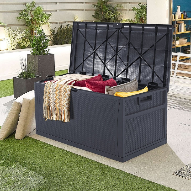 Coffre de rangement extérieur SUNCROWN en résine résistante aux intempéries, 75-120 gallons, pour meubles et accessoires.