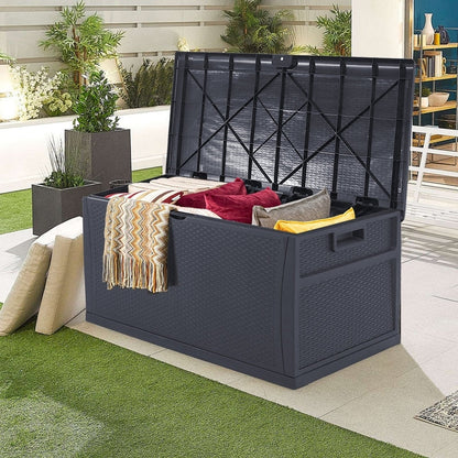 Coffre de rangement extérieur SUNCROWN en résine résistante aux intempéries, 75-120 gallons, pour meubles et accessoires.