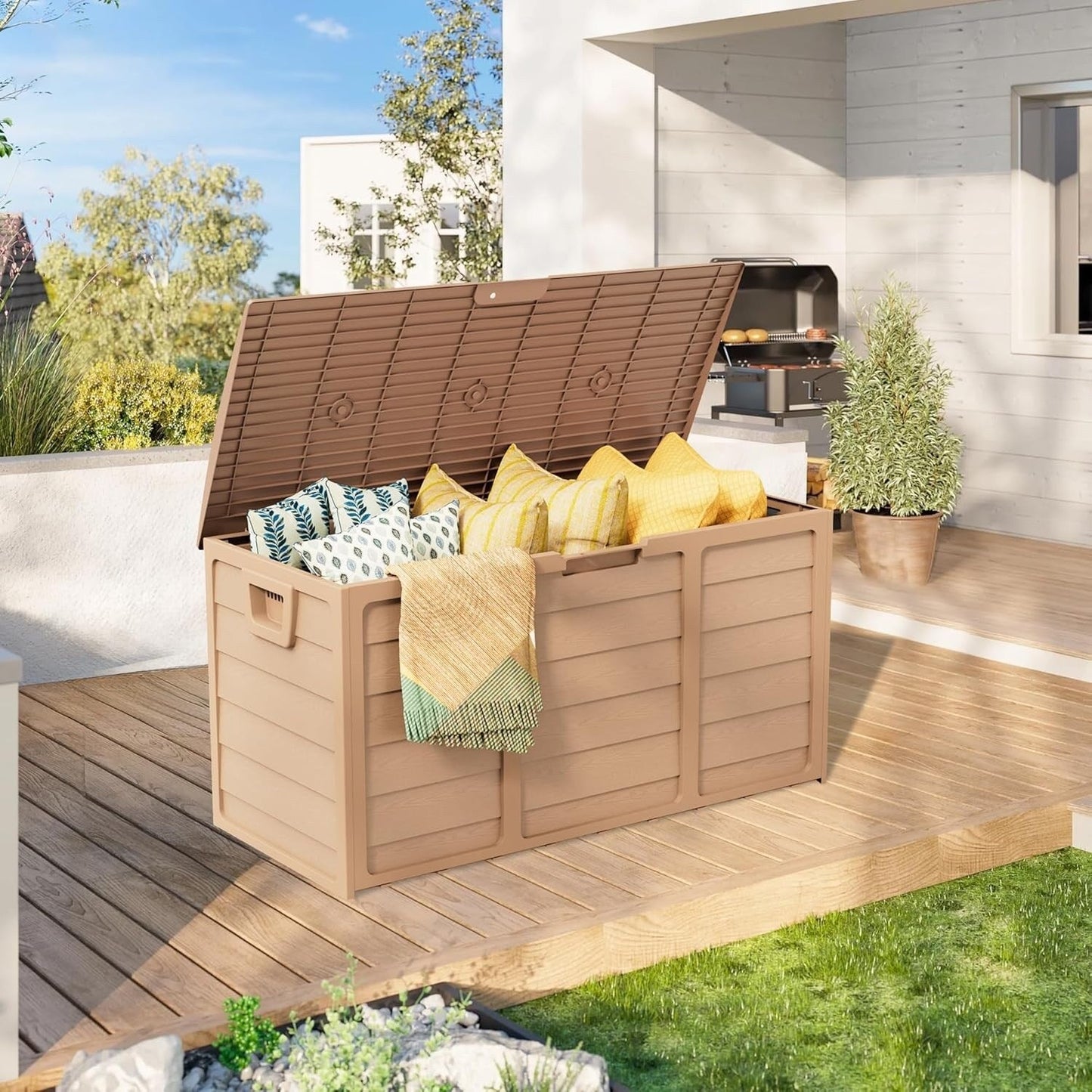 Coffre de rangement extérieur SUNCROWN en résine résistante aux intempéries, 75-120 gallons, pour meubles et accessoires.