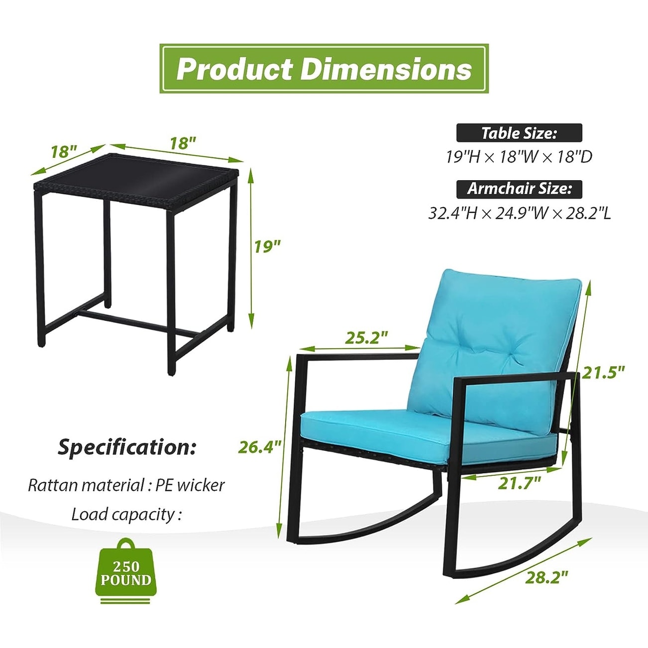 Ensemble bistro à bascule 3 pièces en métal noir SUNCROWN pour terrasse extérieure