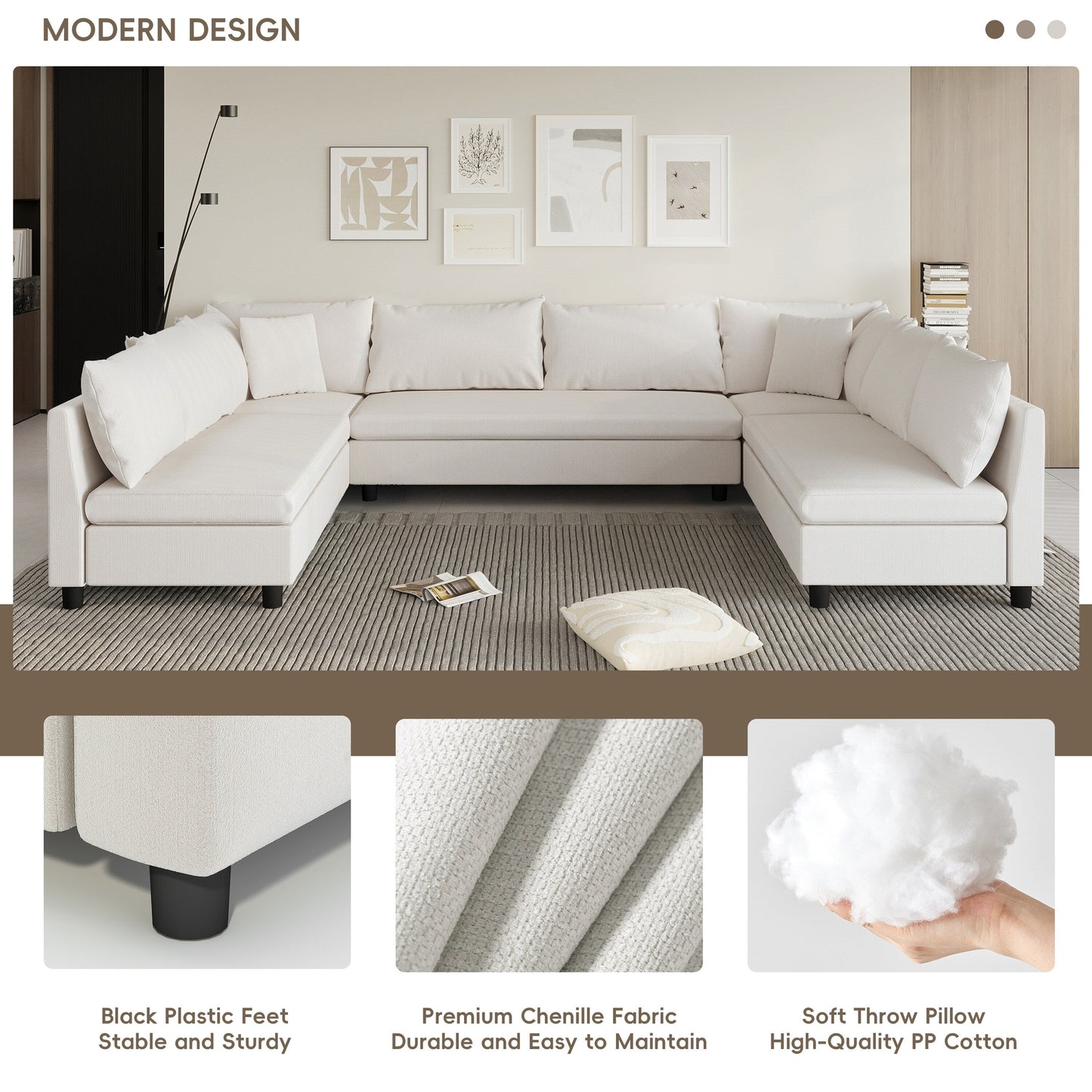 Canapé d'angle réversible en chenille en forme de U, combinaison libre, canapé convertible 8 places surdimensionné