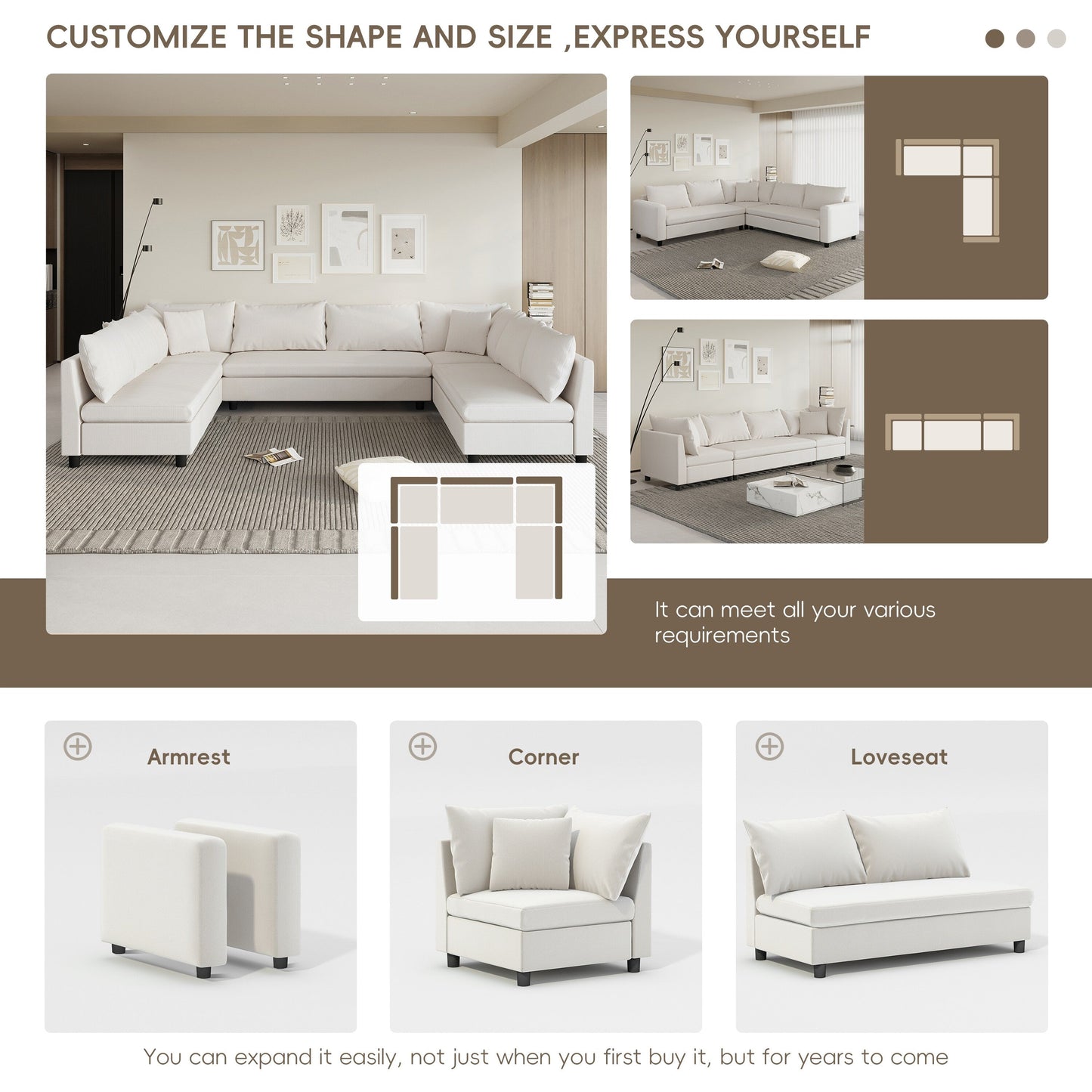 Canapé d'angle réversible en chenille en forme de U, combinaison libre, canapé convertible 8 places surdimensionné