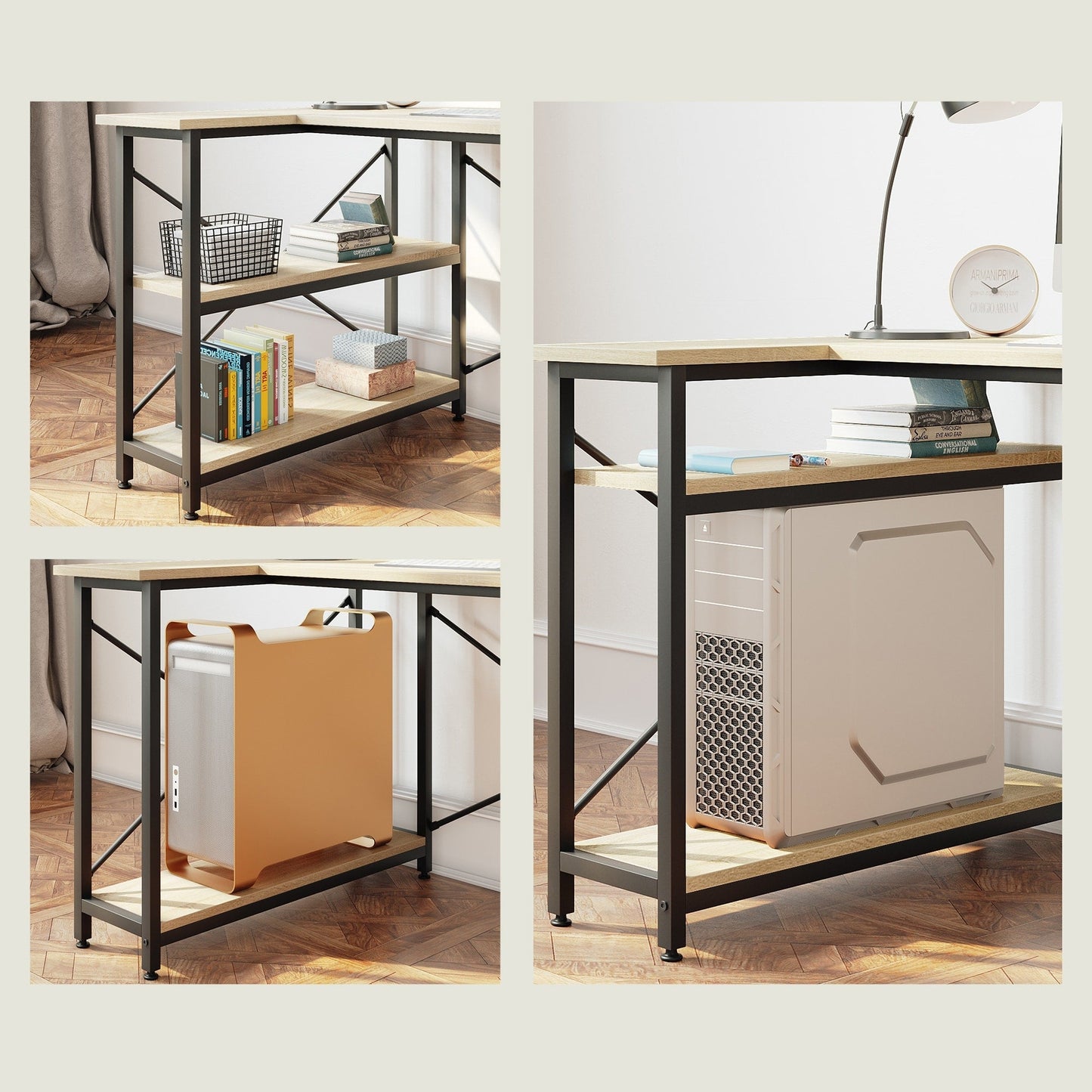 Petit bureau d'angle en forme de L avec étagères de rangement