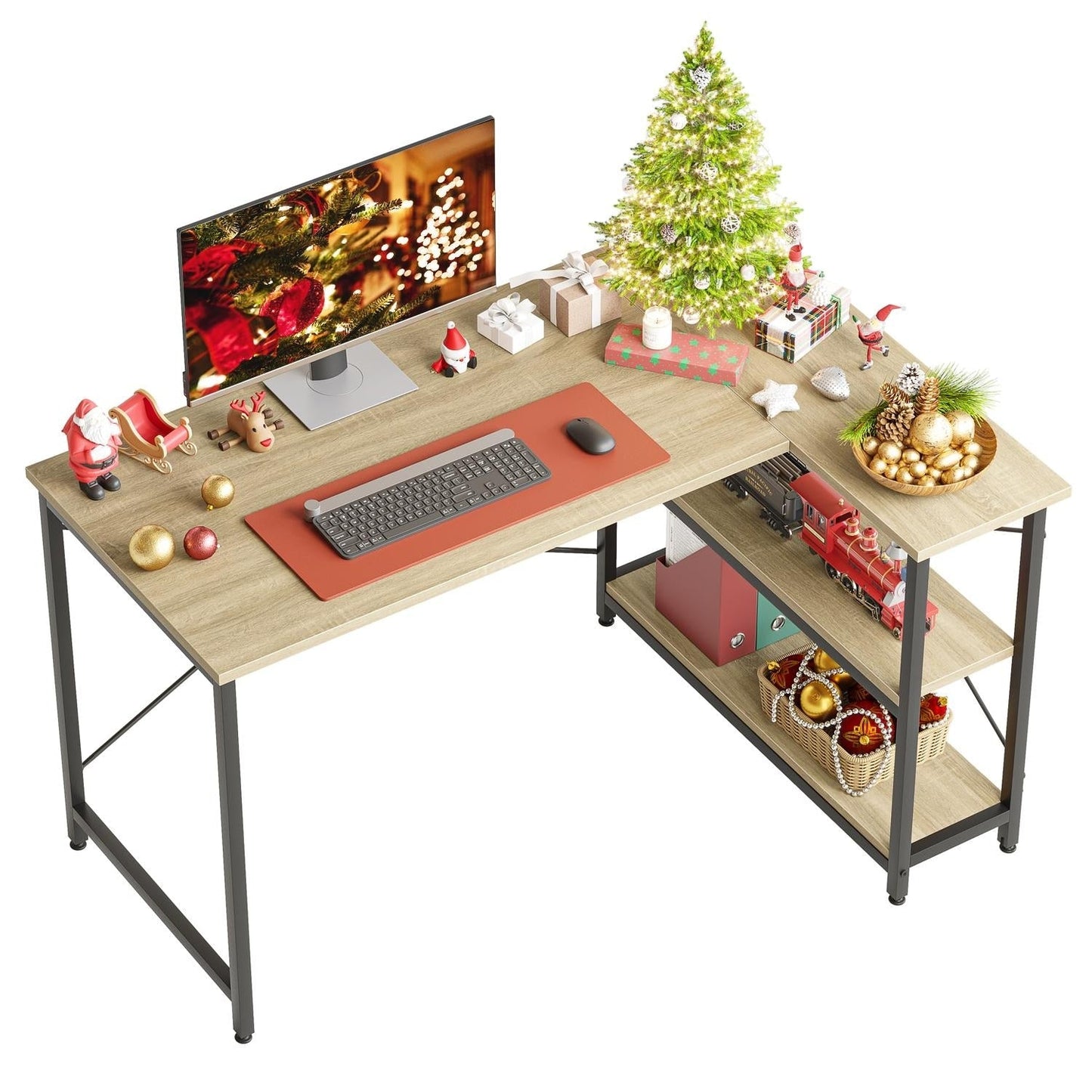 Petit bureau d'angle en forme de L avec étagères de rangement