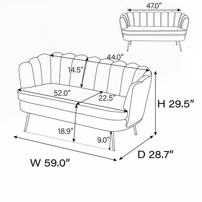 Petit canapé deux places avec pieds en métal doré - 2 places