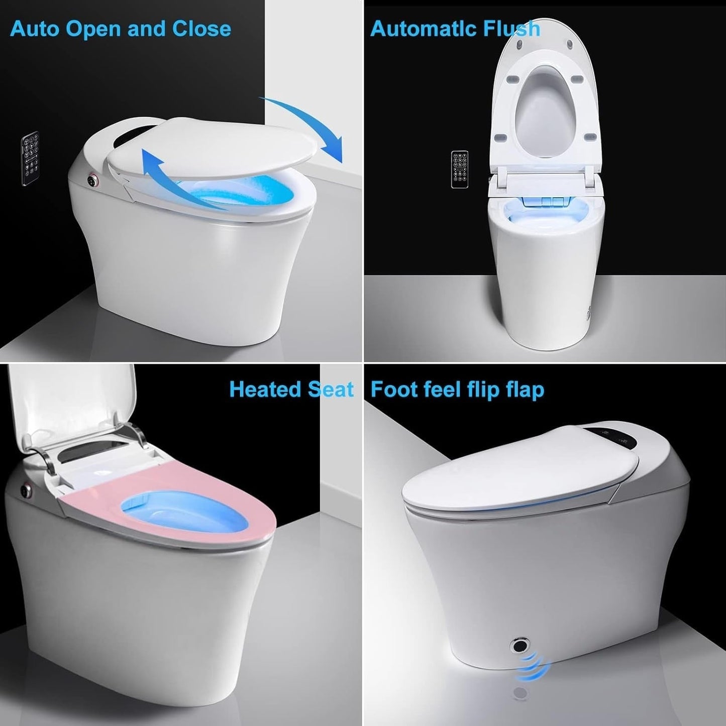 Toilettes intelligentes, WC bidet monobloc pour salles de bains, WC allongé moderne avec eau chaude, double chasse d'eau automatique, activation par capteur de pied