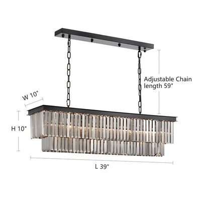 Lustre moderne contemporain en cristal gris fumé et noir à deux niveaux, suspension linéaire pour îlot de cuisine ou salle à manger, 119 cm (47 po).