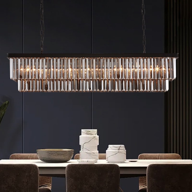 Lustre moderne contemporain en cristal gris fumé et noir à deux niveaux, suspension linéaire pour îlot de cuisine ou salle à manger, 119 cm (47 po).