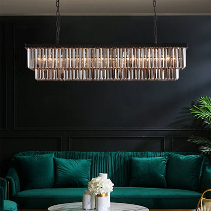 Lustre moderne contemporain en cristal gris fumé et noir à deux niveaux, suspension linéaire pour îlot de cuisine ou salle à manger, 119 cm (47 po).