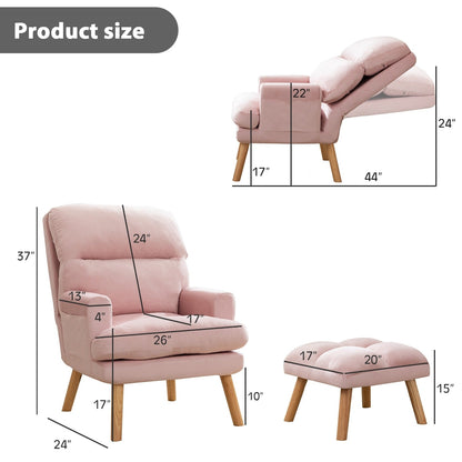 Fauteuil de salon décontracté en tissu souple avec dossier et pieds réglables, tabouret