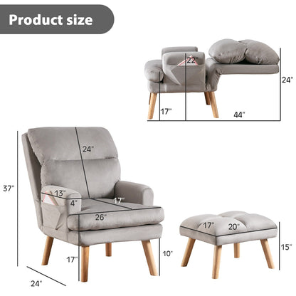 Fauteuil de salon décontracté en tissu souple avec dossier et pieds réglables, tabouret