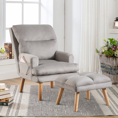 Fauteuil de salon décontracté en tissu souple avec dossier et pieds réglables, tabouret