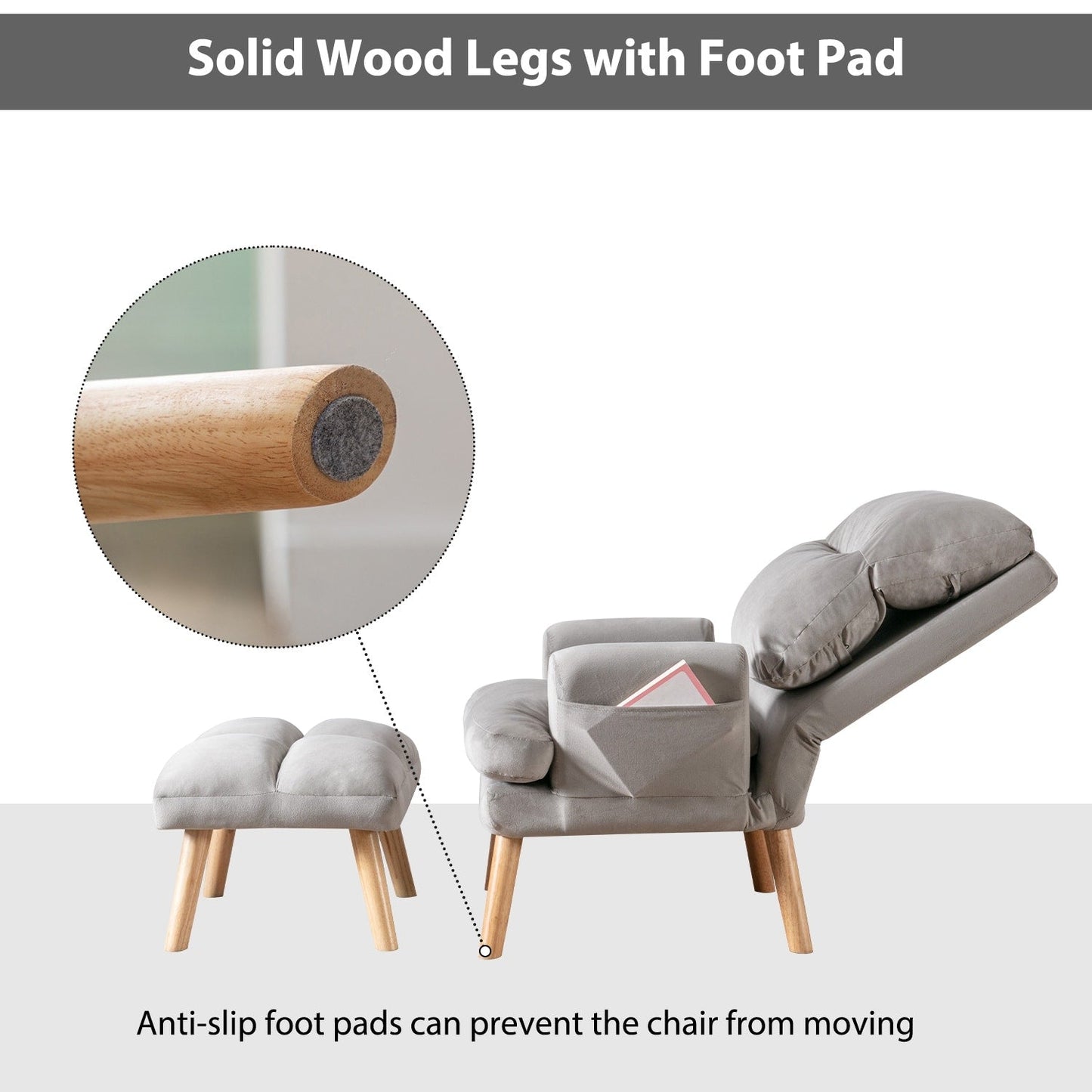 Fauteuil de salon décontracté en tissu souple avec dossier et pieds réglables, tabouret