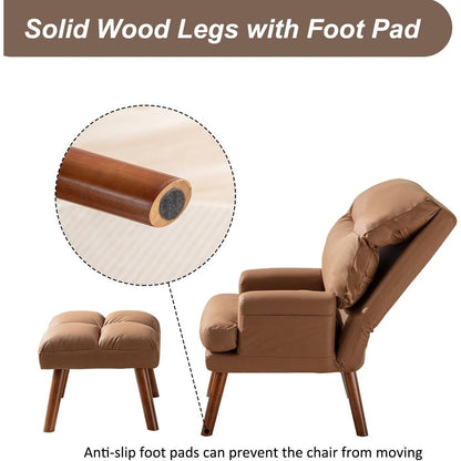 Fauteuil de salon décontracté en tissu souple avec dossier et pieds réglables, tabouret