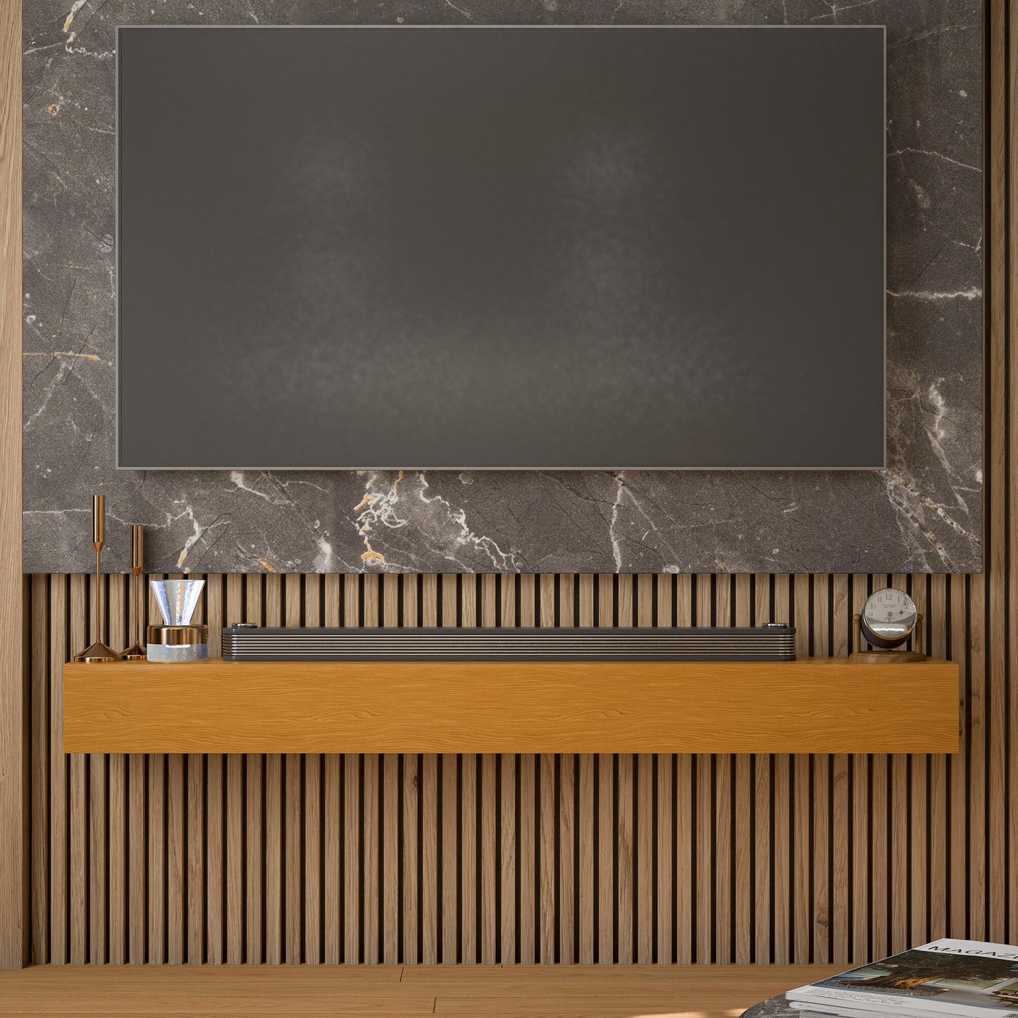 Cheminée murale en pin massif avec étagère flottante