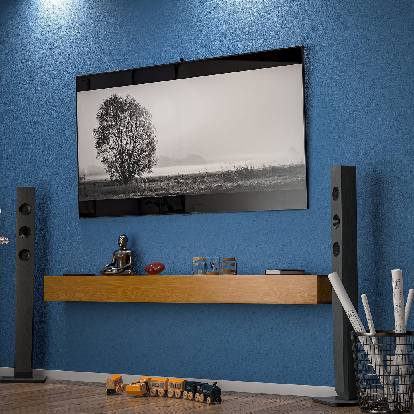 Cheminée murale en pin massif avec étagère flottante