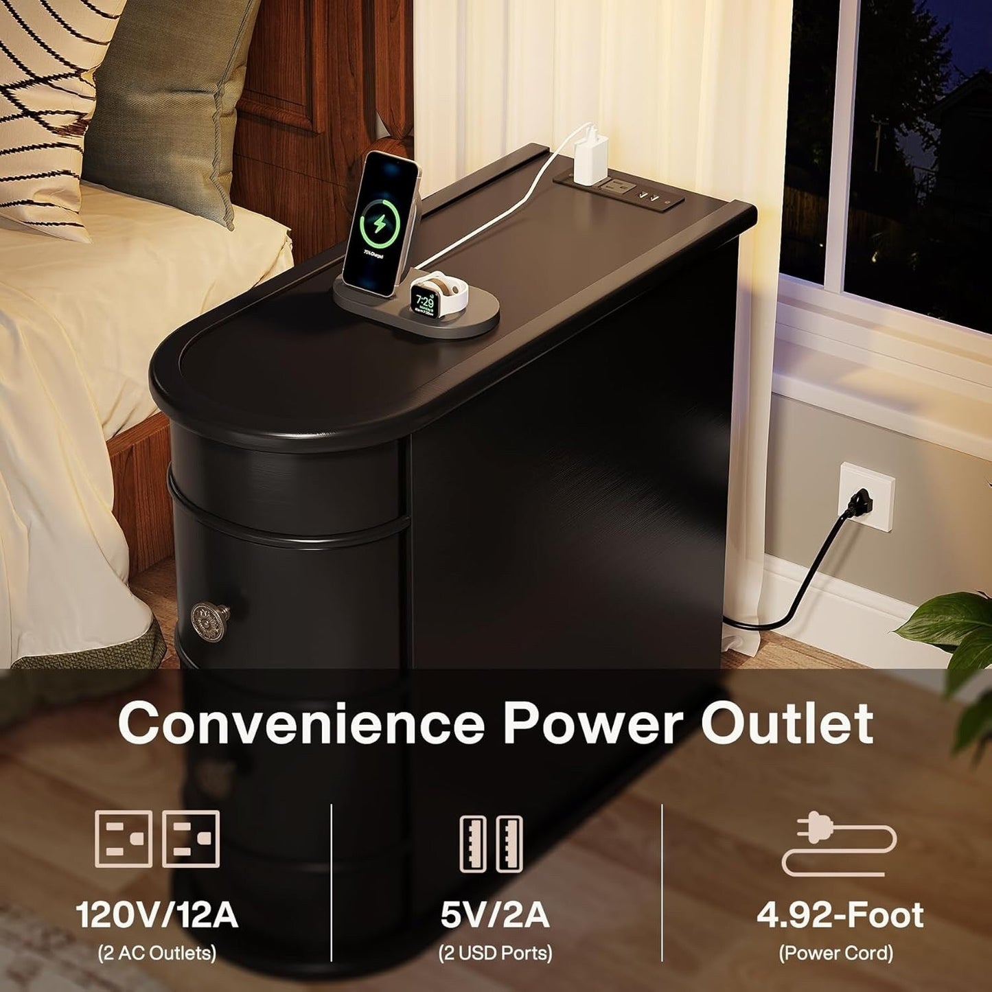 Table d'appoint en bois massif, table d'appoint étroite à deux tiroirs