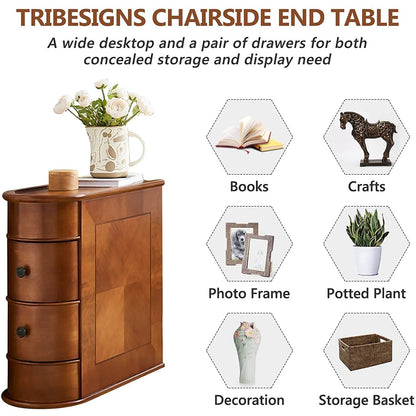 Table d'appoint en bois massif, table d'appoint étroite à deux tiroirs