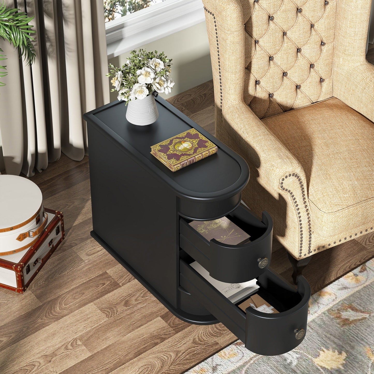 Table d'appoint en bois massif, table d'appoint étroite à deux tiroirs