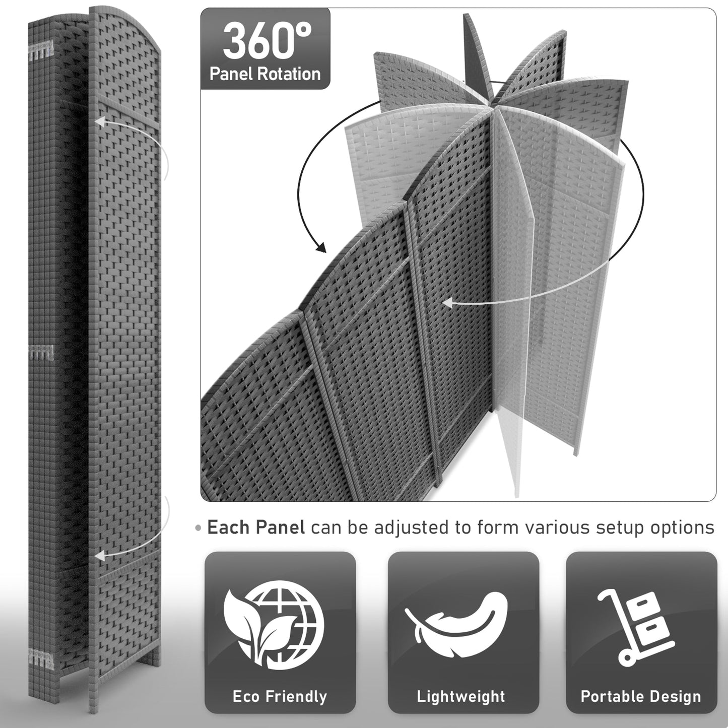Paravent Sorbus à 6 panneaux, cloison de séparation haute et extra large, à double charnière, en maille tissée à la main, pliable - 1,83 m