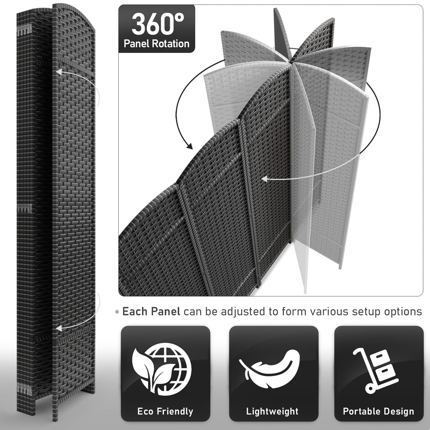 Paravent Sorbus à 6 panneaux, cloison de séparation haute et extra large, à double charnière, en maille tissée à la main, pliable - 1,83 m