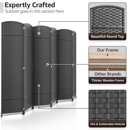 Paravent Sorbus à 6 panneaux, cloison de séparation haute et extra large, à double charnière, en maille tissée à la main, pliable - 1,83 m