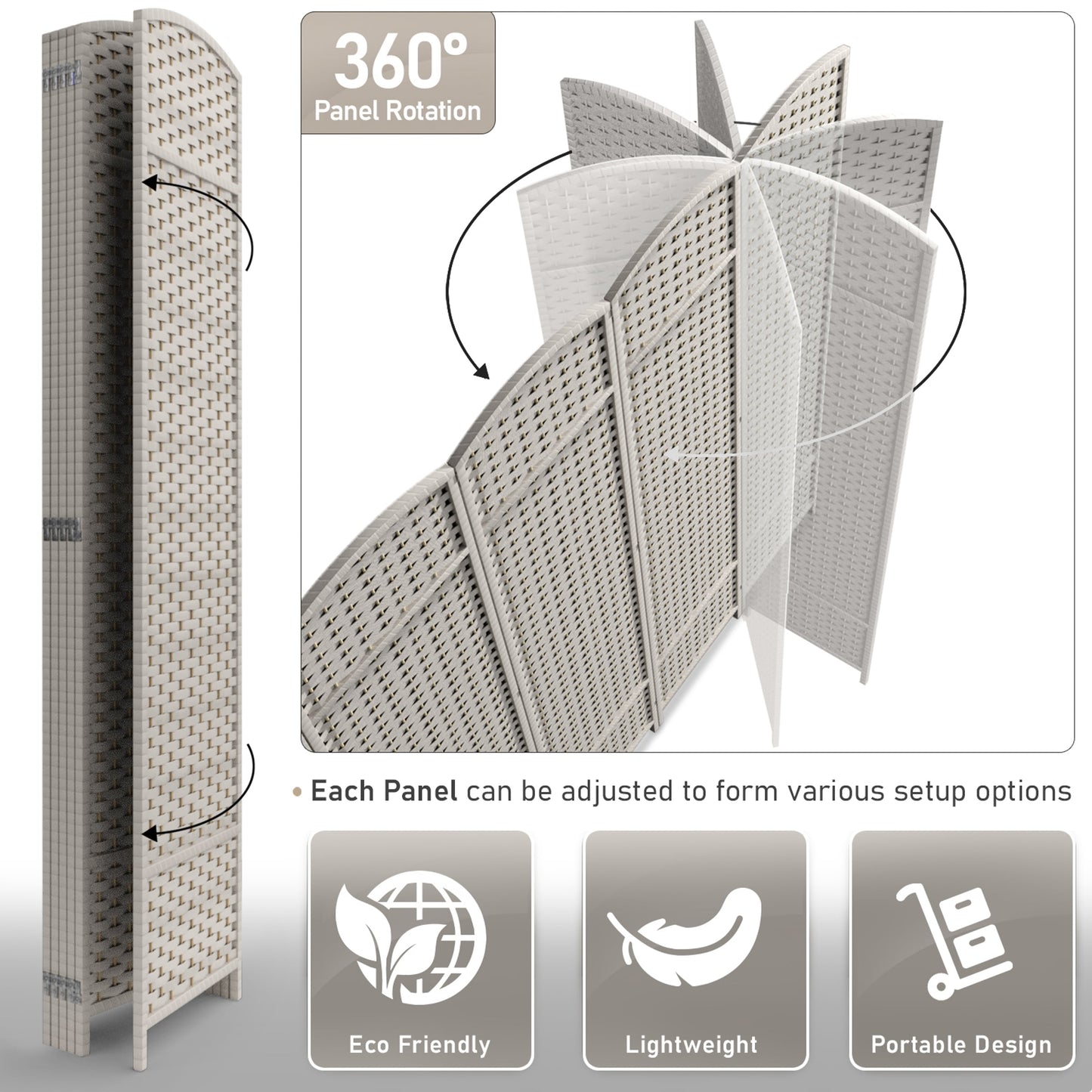 Paravent Sorbus à 6 panneaux, cloison de séparation haute et extra large, à double charnière, en maille tissée à la main, pliable - 1,83 m