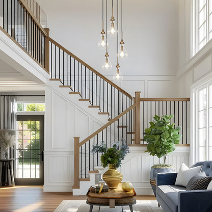 Lustre moderne Synia à 5 lumières en verre en forme de larme, suspension pour escalier ou entrée, pour plafonds hauts - D15'' x H18,2-74,2''