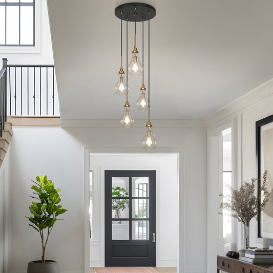 Lustre moderne Synia à 5 lumières en verre en forme de larme, suspension pour escalier ou entrée, pour plafonds hauts - D15'' x H18,2-74,2''