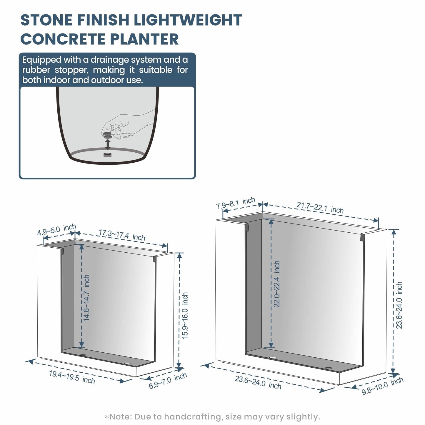 Jardinières rectangulaires hautes en béton / Grands bacs à fleurs d'intérieur et d'extérieur