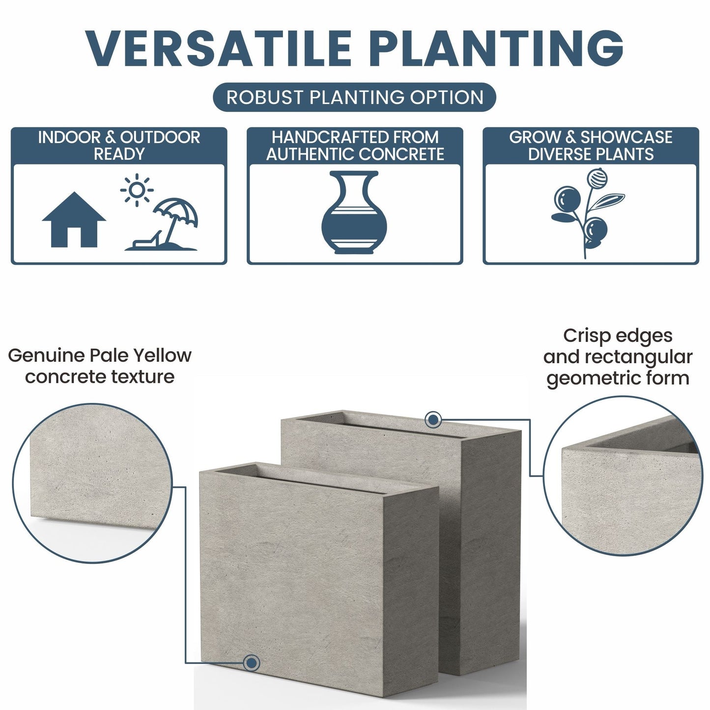 Jardinières rectangulaires hautes en béton / Grands bacs à fleurs d'intérieur et d'extérieur