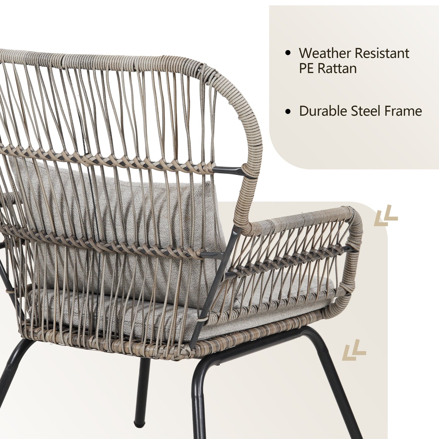 Ensemble bistro de conversation en résine tressée 3 pièces pour extérieur, ensemble de chaises de patio en rotin résistant aux intempéries avec coussins