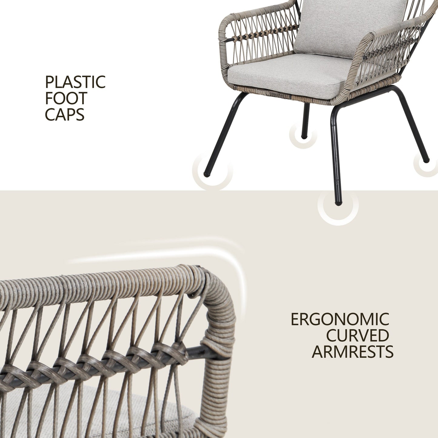 Ensemble bistro de conversation en résine tressée 3 pièces pour extérieur, ensemble de chaises de patio en rotin résistant aux intempéries avec coussins