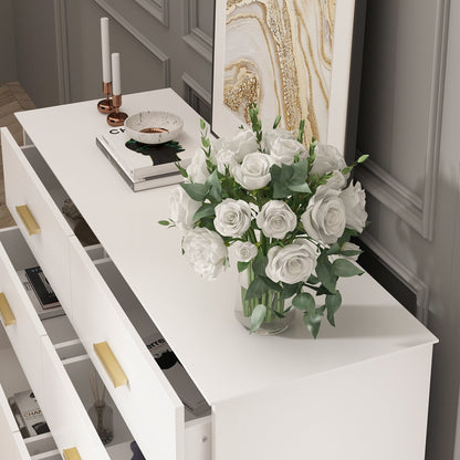 Commode double Timechee à 6 tiroirs, 120 cm de large, pieds en bois massif, finition laquée.