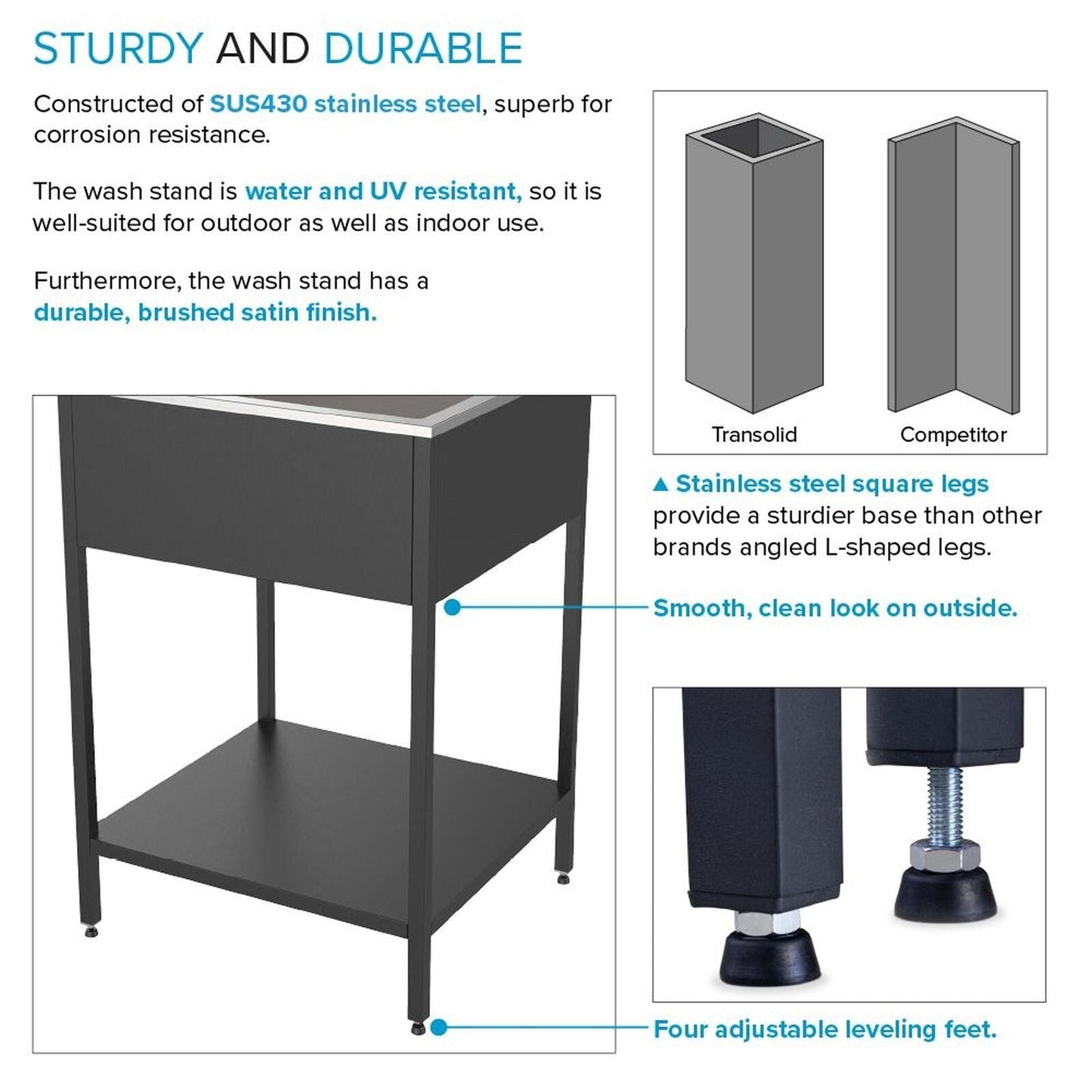 Évier et support de lavage en acier inoxydable Transolid EWS-2422S, 61 cm L x 56 cm P x 89 cm H