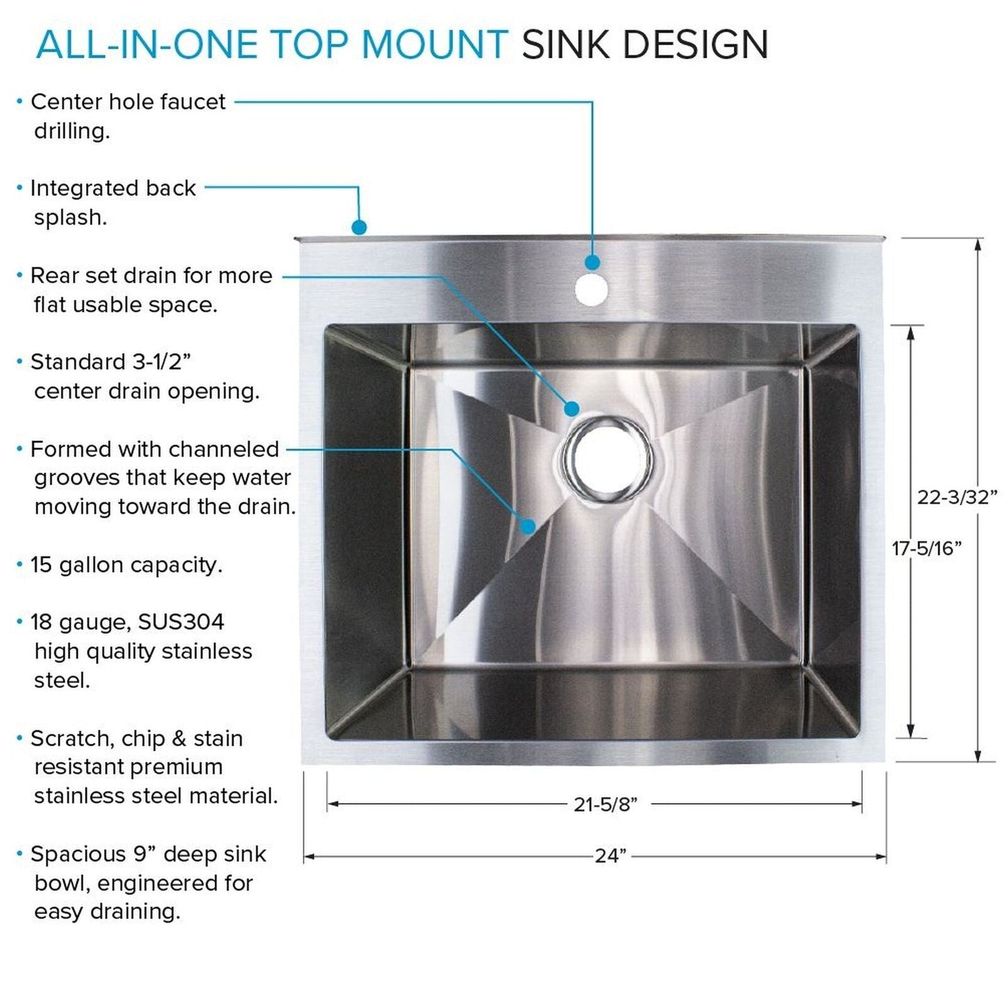 Évier et support de lavage en acier inoxydable Transolid EWS-2422S, 61 cm L x 56 cm P x 89 cm H