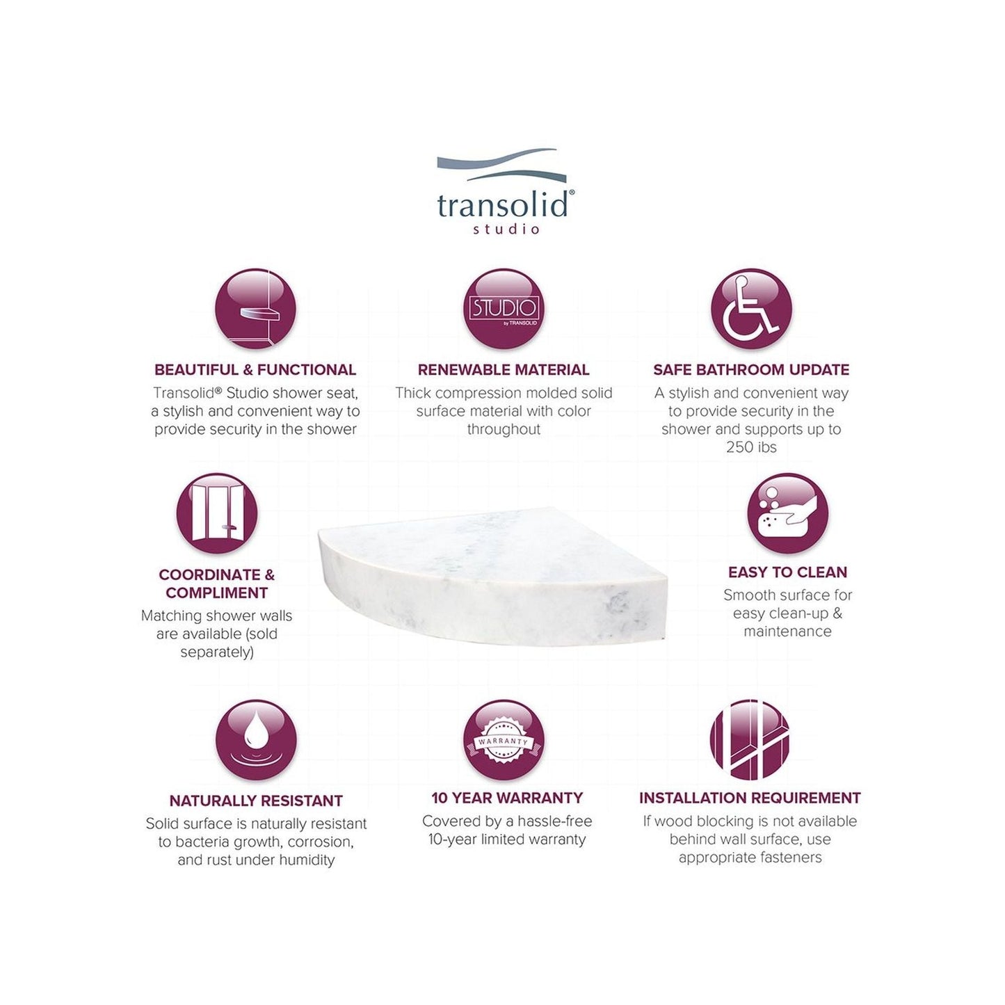 Siège de douche d'angle mural en surface solide Transolid Studio 14 po x 14 po - 14,5 po x 14,25 po x 3 po