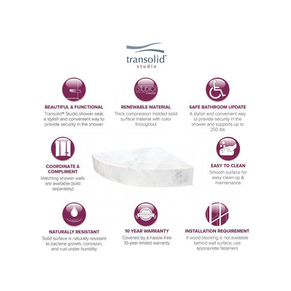 Siège de douche d'angle mural en surface solide Transolid Studio 14 po x 14 po - 14,5 po x 14,25 po x 3 po