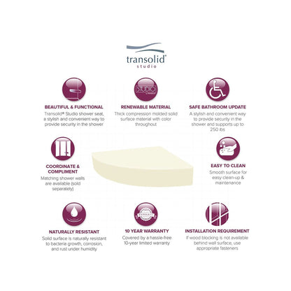 Siège de douche d'angle mural en surface solide Transolid Studio 14 po x 14 po - 14,5 po x 14,25 po x 3 po