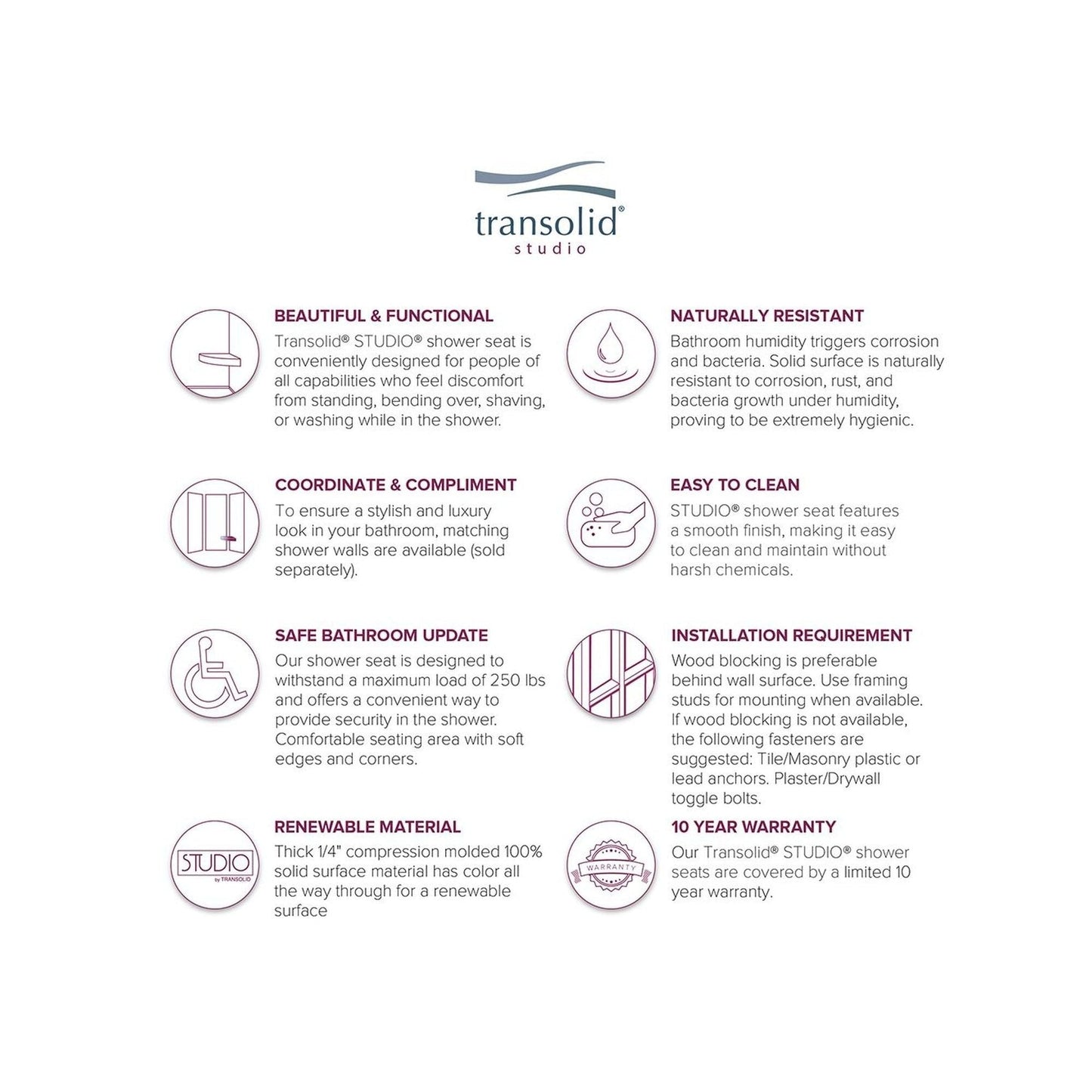 Siège de douche d'angle mural en surface solide Transolid Studio 14 po x 14 po - 14,5 po x 14,25 po x 3 po