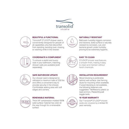 Siège de douche d'angle mural en surface solide Transolid Studio 14 po x 14 po - 14,5 po x 14,25 po x 3 po
