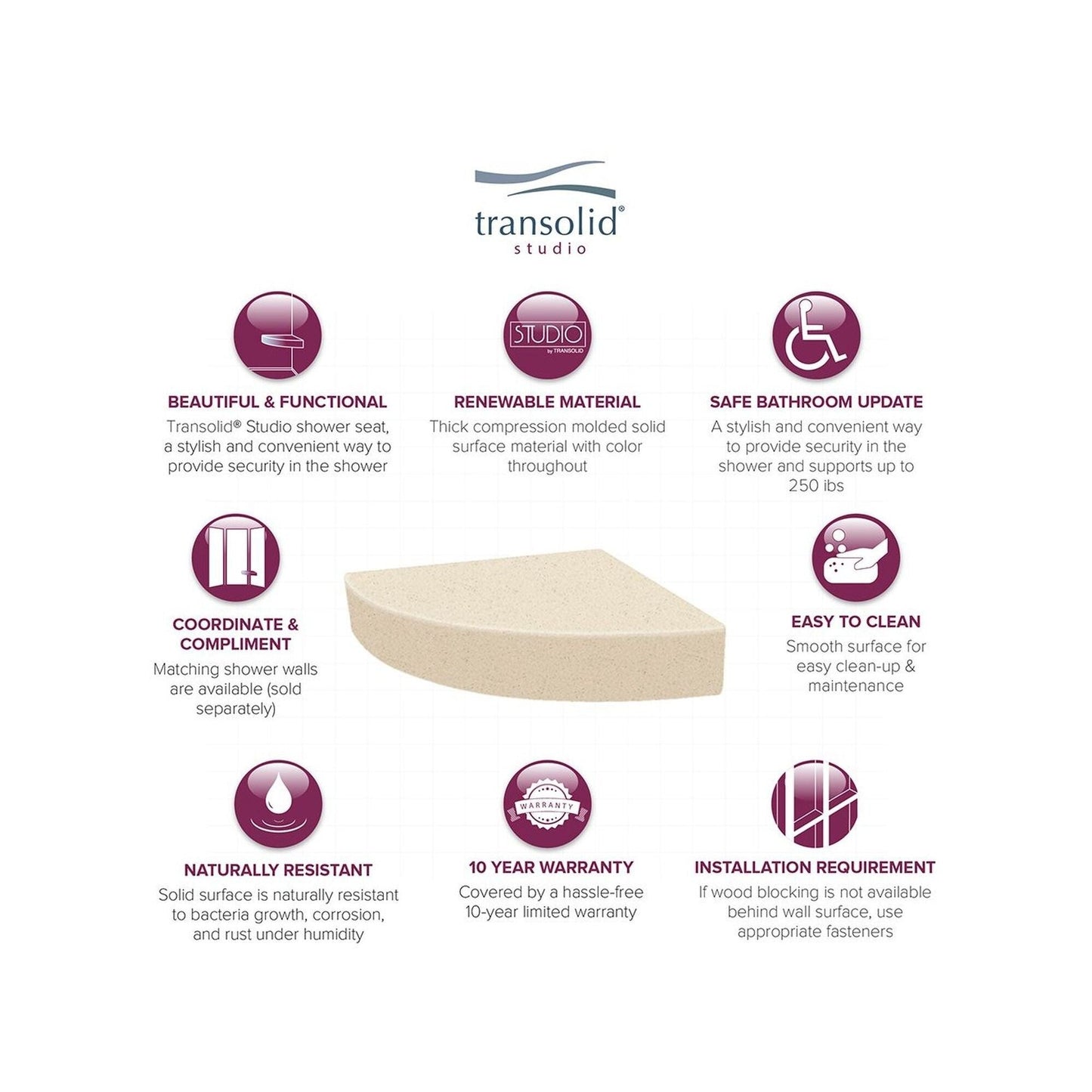 Siège de douche d'angle mural en surface solide Transolid Studio 14 po x 14 po - 14,5 po x 14,25 po x 3 po